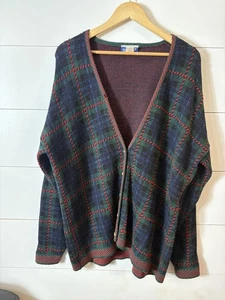 Vintage Pendleton Sweater Womens 2X Blue Green Red Plaid Wool Cardigan USA 90s - Picture 1 of 14