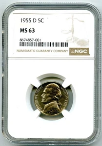 1955 D 5C JEFFERSON UNCIRCULATED NICKEL - NGC MS63 - Picture 1 of 2