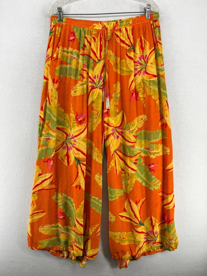 Pantalones C&C CALIFORNIA L Floral Tropical Hibisco Playa Palazzo Borla Naranja Foto 1 de 4