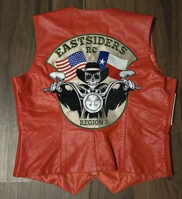 Colete de couro vermelho motociclista crânio bordado XL Eastsiders Texas VTG - Imagem 1 de 4