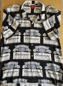 HUF Budweiser Button Up Shirt Mens Size L 100% Rayon Black AOP Beer Short Sleeve - Picture 1 of 3