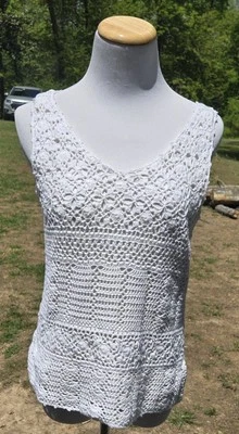 Kate Hill Womens Crochet Boho Tank Top Sz L White CottageCore Sleeveless Beach - Image 1 of 4
