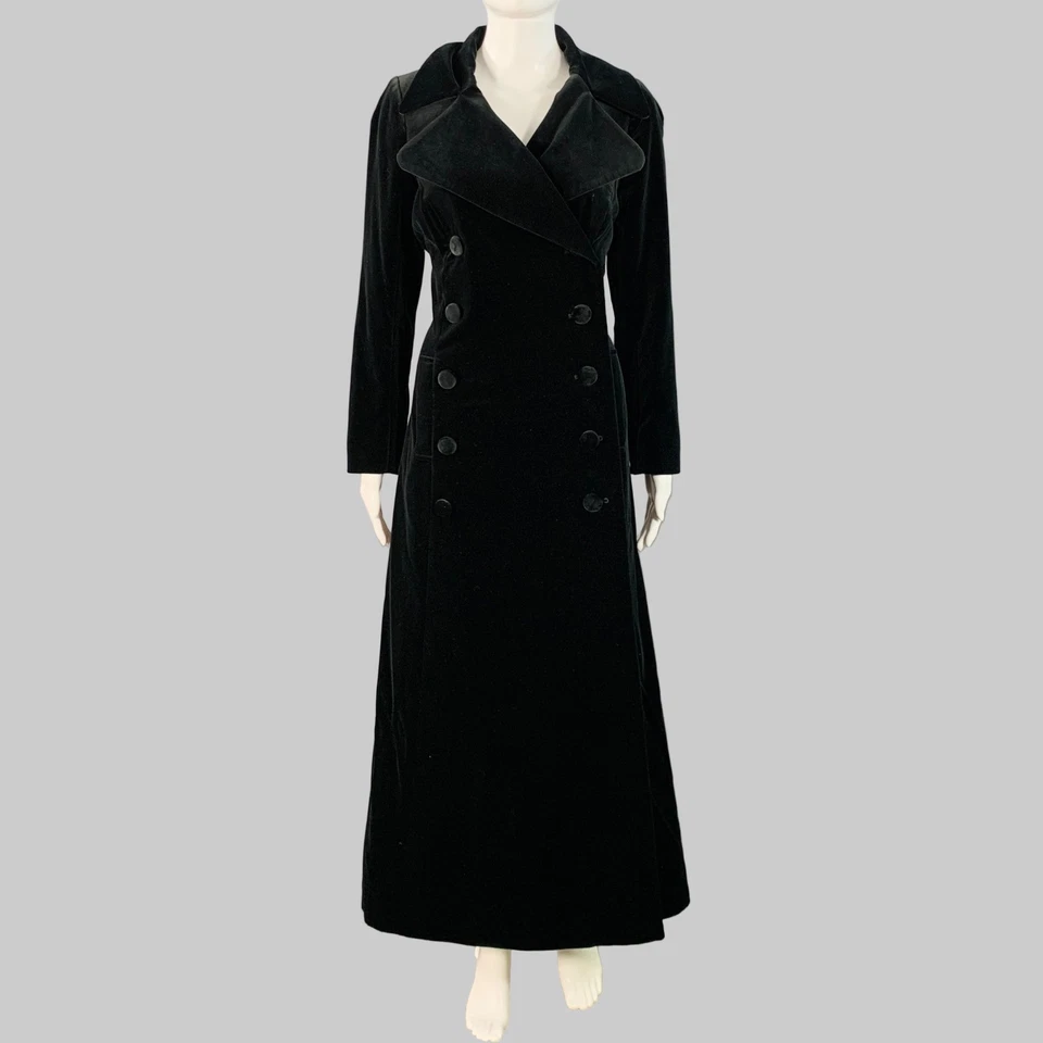 BIBA Talla M Abrigo Trench De Terciopelo Negro Doble Botonadura - Imagen 1 de 4