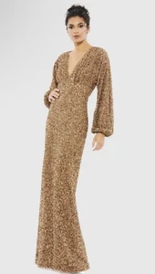 Mac Duggal 10791 Sz 24 Brown Bronze  Gold Sequined Puff Sleeve Long Gown $398 - Picture 1 of 7