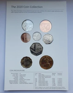 Set 8 monete definitive annuali Regno Unito Royal Mint 2020 £ 2 £ 1 50p 20p 10p 5p 2p 1p, carta - Foto 1 di 4