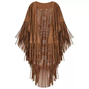 Women Capes Ponchos Cardigan Cloak Suede Floral Hollow Out Fringe Tassel Shawl - Picture 1 of 10