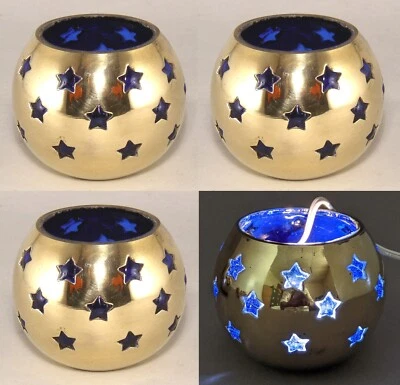 Votive Candle Holder Brass Blue Glass Liner Star Cutouts 4"D  3.25"H Set/4 - Image 1 of 4