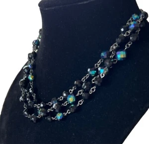EXPRESS Signed Aurora Borealis 3 Strand Necklace Black & Iridescent Oil Spill - Picture 1 of 10