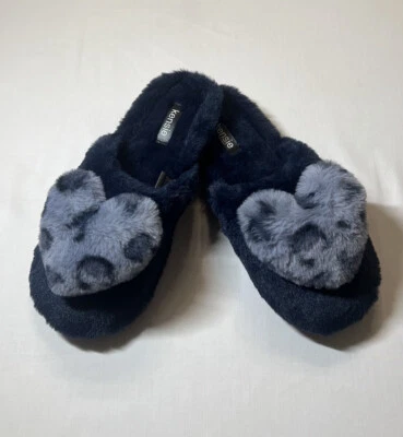 Kensie Comfy House 拖鞋蓝色带灰色豹纹心脏记忆泡沫蓬松尺寸 L/9 — 第 1/4 张图片