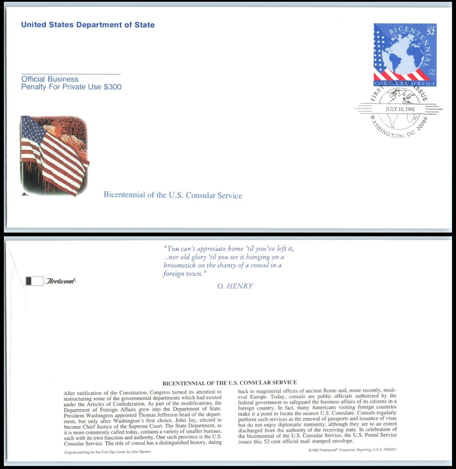 1992 Official Mail Consular 52c Sc UO86 stationery FDC Fleetwood cachet UA - Image 1 of 1