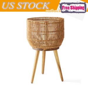 13 in Round Resin Planter & Stand Set w/ Wood Legs 21.65''H Indoor Decor Brown - Picture 1 of 4