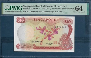 Singapore 10 Dollars, 1973, P 3d, PMG 64 UNC - Picture 1 of 2