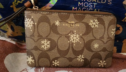 NUOVO! Autentico BRACCIALE Coach ANGOLO ZIP IN TELA FIRMATO Stampa Fiocco di Neve