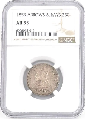1853 Liberty Seated Quarter Arrows & Rays 25c AU 55 NGC - Image 1 of 2