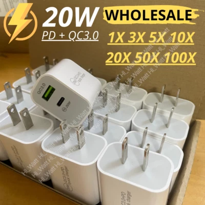 Lote a granel QC3.0 20W PD cargador de pared rápido adaptador de corriente para iPhone Samsung Android Foto 1 de 4