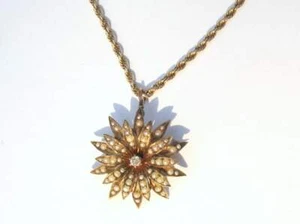 Antique Sunburst Flower Pendant or Brooch with Diamond and half peals in GOLD - Picture 1 of 12