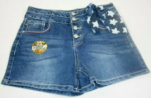 VIGOSS GIRLS 16 XL BLUE SEQUIN STARS TIE HIGH WAISTED DENIM JEAN CHELSEA SHORTS - Picture 1 of 12