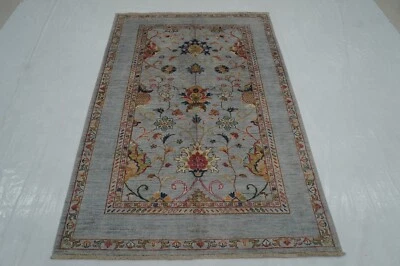 4 x 6 ft Blueish Gray Afghan Hand Knotted Veg dyes Wool Transitional Area Rug - Image 1 of 4