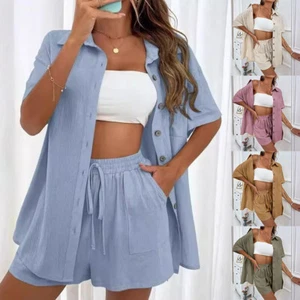 Mujer Camisa Shorts Dos Piezas Traje Blusa Casual Multicolor Puro Sencillo | - Imagen 1 de 28
