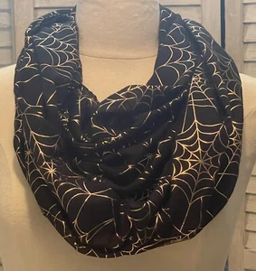 💠HALLOWEEN Infinity Loop Scarf Spider Web Black Orange Foil COLLECTION 18 - Picture 1 of 7