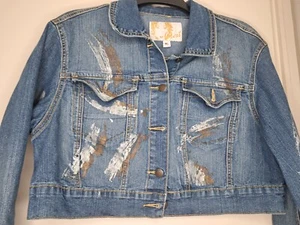 Crest Jeans Cropped Blue Denim Jacket XL Metallic Paint Splashed Silver and Gold - Picture 1 of 15