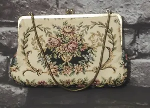 VINTAGE UPHOLSTERY FLORAL CLUTCH HANDBAG METAL CHAIN HANDLE VICTORIAN LOOK  - Picture 1 of 10