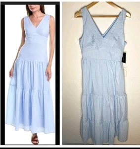 NWT Taylor Blue Seersucker Maxi Dress Tiered Size 8 Sleeveless V Neck Summer Mgd - Picture 1 of 7