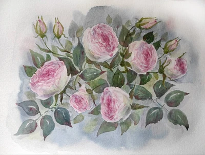 Original Artwork Modern Painting FLOWER PINK ROSE Landscape Floral Garden Art A4 - Image 1 of 4