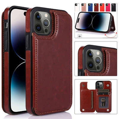 Card Holder Case For iPhone 17 16E 15 Pro 14 13 12 11 Leather Wallet Phone Cover - Image 1 of 4