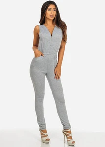 NEW ICON APPAREL WOMEN'S SLEEVELESS RAYON ZIP-UP JUMPSUIT WITH POCKETS GRAY SZ S - Picture 1 of 3