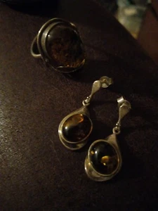 Sterling Silver Large Amber Cabochon Leaf Detail Ring Sz 7 & drop earrings - Picture 1 of 7