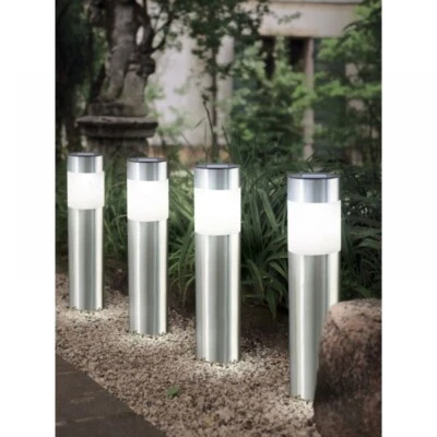 Bollard Solar Stake Light 4pc Metal Garden Path Driveway Outdoor White Lighting - Image 1 of 4