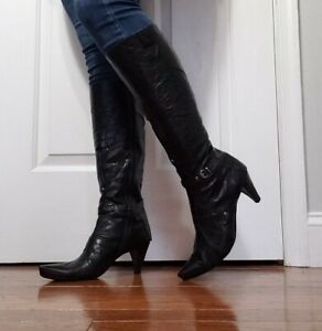 HISPANITAS Leather Tall Black Boots Shoes Women's Size 40 / US 8 Made In Spain