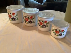 Vintage GMI Set 4 Enamel CANISTERS W Lids Embossed PANSIES - Picture 1 of 7
