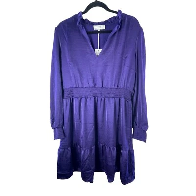 Lucky Brand Purple Satin Ruffle V Neck Knee Length Dress Size Large New NWT - Image 1 of 4