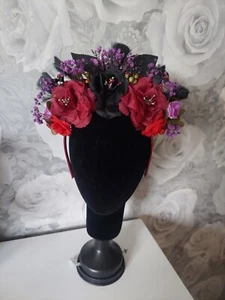 Frida Kahlo Style Floral Crown Black Purple Burgundy Dried Gysophilia Foliage - Picture 1 of 20