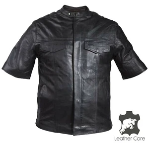 Men's Real Calf Leather Shirt Half Sleeve Gun pocket Leather Shirt Free Wallet - Picture 1 of 7