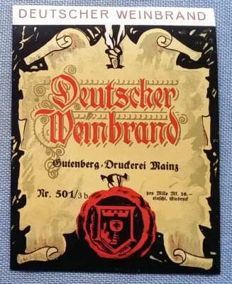 altes Schnapsetikett Flaschenetikett Etikett Label Weinbrand Gutenberg Mainz - Bild 1 von 2