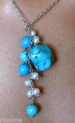 Collar Gota Perla Cultivada Turquesa y Blanco Plata 16" Foto 1 de 4