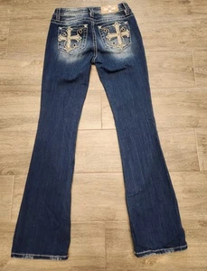 MISS ME Women's Mid-Rise Embroidered Cross Dark Blue Bootcut Jeans SZ 27 - Picture 1 of 8