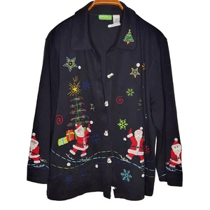 Onque Mujer 2X Negro Navidad Cárdigan Suéter Papá Noel Muñeco de Nieve Botón Árbol Luces - Imagen 1 de 11
