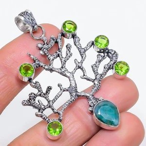 Emerald(Simulated), Peridot Gemstone 925 Sterling Silver Pendant 2.44" F497 - Picture 1 of 3