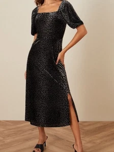 Monsoon Black Grey Velvet Devore Annie Animal Dress UK 12 Midi Short Sleeve - Picture 1 of 6