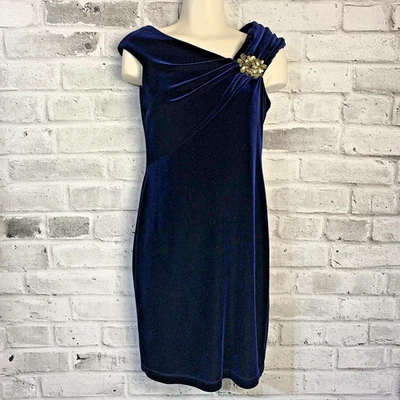 Laura Petites Velvet Shift Dress 4P Navy Broach Stretch Formal Cocktail Party - Image 1 of 4