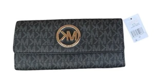NUEVO CON ETIQUETAS Cartera Michael Kors Negra Fulton Solapa Continental Cuero Guijarro Grande MK - Imagen 1 de 7