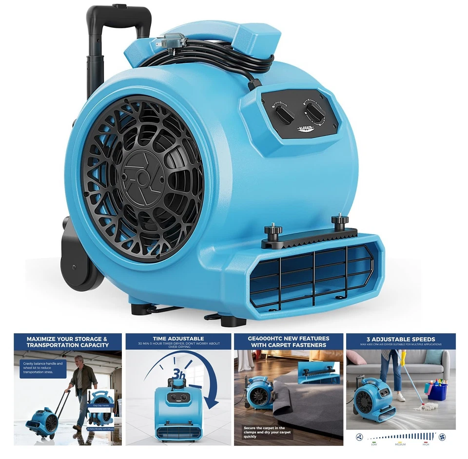 ALORAIR GE4000HTC 4000 CFM 1 HP Air Mover Carpet Dryer Blower Floor Fan - Blue - Image 1 of 4