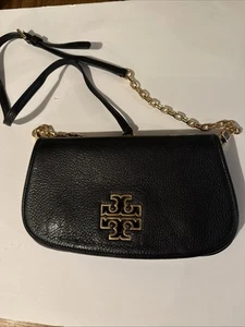 Tory Burch Clutch Bag Black Gold Hardware Ladies Handbag Leather Women’s - Picture 1 of 8
