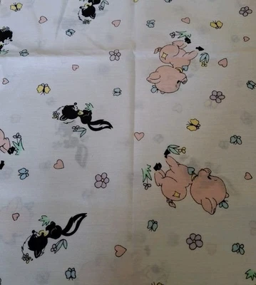 Vtg Precious Moments Pig Skunk Butterfly Flower Cotton Blend fabric, 44" x 20" L - Image 1 of 4