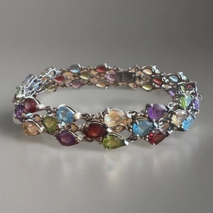 Sterling Silver Bracelet Tennis Teardrop Amethyst Topaz Garnet Peridot Gemstones - Picture 1 of 14