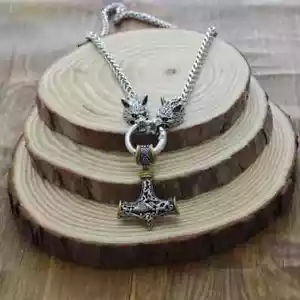 Men Norse Viking Thor hammer Mjolni Pendant Stainless Steel Wolf Chain Necklace - Picture 1 of 2